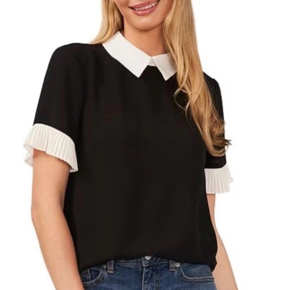 Women’s Black Top with White Collar & Pleated Sleeve Detail
